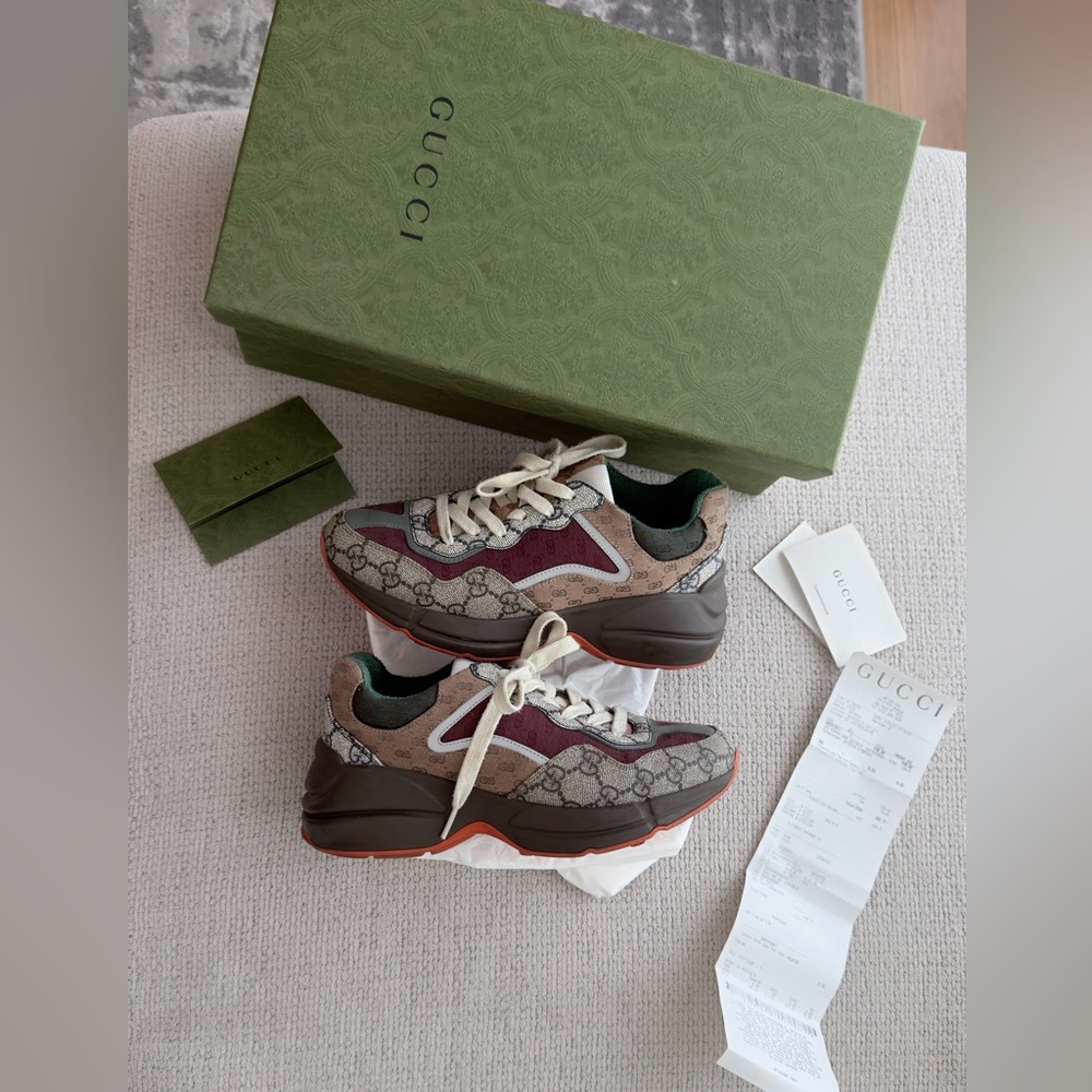Gucci Beige and Red Monogram Sneakers